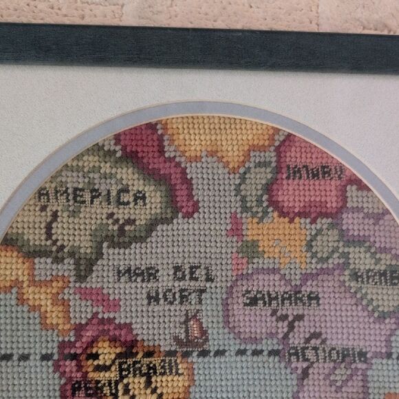 Vintage Framed Handmade Needlework Old World Map Embroidery Art Set of 2 - Picture 3 of 12